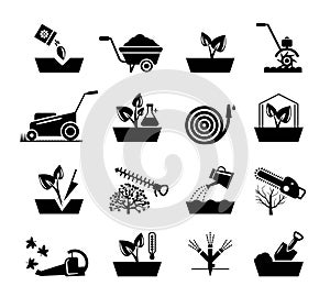 Gardening and flowers icons. Hosepipe lawnmower, wheelbarrow shovel tools vector signs