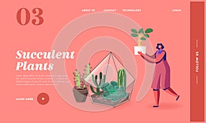 Gardening, Flowers Planting Hobby Landing Page Template. Woman Growing Plants in Terrarium. Female Grow Succulents