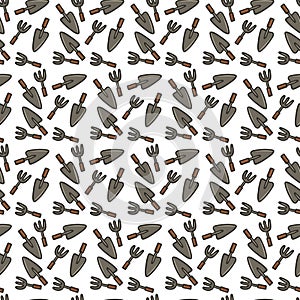 Gardening fork and garden trowel seamless pattern. Hand drawn doodle style background. Garden work and hobby. Spring time