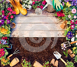 Gardening Frame - Tools And Flowerpots On Wooden Table