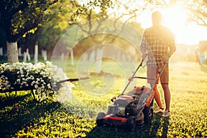 Gardening and garden maintenance, industrial gardener using lawnmower and cutting grass in garden