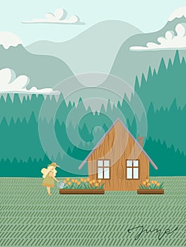 Gardening girl with watering can and flowers vector illustration. Mountain, forest and wooden cabin view. June lettering calendar