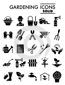 Gardening glyph icon set, farm symbols collection, vector sketches, logo illustrations, horticulture signs solid
