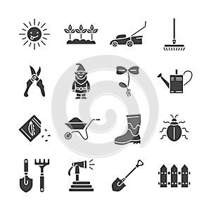Gardening glyph icon set. Vector collection with seedling, garden gnome, seeds, bug, garden hose, sun, fence, sprout