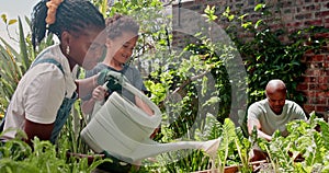 Gardening, growth and water with black family in spring together for leisure, hobby or bonding outdoor. Love, smile or