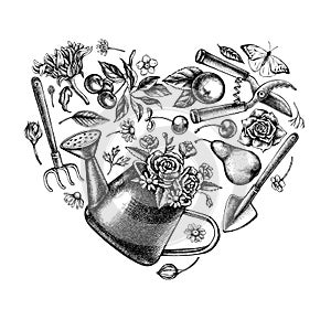 Gardening heart vintage design. Hand drawn watering can, apples, cherry, pears, shovel, rake, secateurs, chamomile