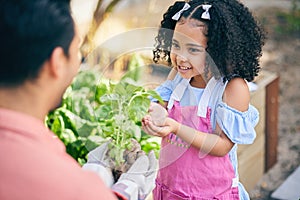 Gardening, help and dad with child in backyard with plants, teaching and learning with growth in nature. Small farm