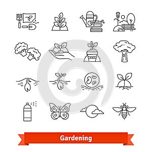 Gardening and horticulture. Thin line icons set