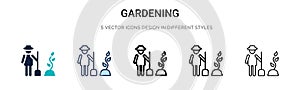 Gardening icon in filled, thin line, outline and stroke style. Vector illustration of two colored and black gardening vector icons