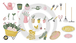 Gardening icon set, flat cartoons style with texture. Vector hand drawn illustrations of gardening.