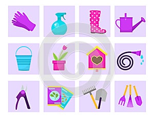 Gardening icon set, flat style. Garden and orchard collection tools and decoration, isolated on white background. Vector