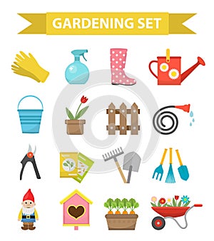 Gardening icon set, flat style. Garden and orchard collection tools decoration, isolated on white background. Vector