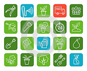 Gardening, icons, line, green background.