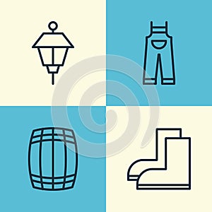 Gardening Icons Set. Collection Of Lantern, Cask, Garden Clothes And Other Elements. Also Includes Symbols Such As