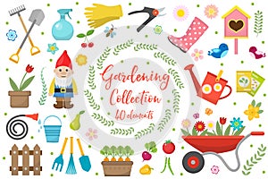 Gardening icons set, design elements. Garden tools and decor collection, isolated on a white background. Vector