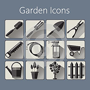 Gardening icons set over a silver blue background