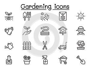 Gardening icons set in thin line style