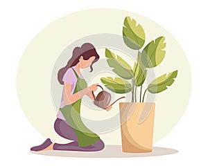 Gardening illustration, cute woman watering potted house plant on abstract background. Plant protection icon, clip art