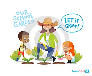 Gardening with kids. Eco concept. Engaging in Montessori education activities. Organic . Vegan garden. Vector
