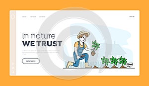Gardening Landing Page Template. Woman Farmer or Cottager Character Working in Garden Digging Soil and Planting Tomatoes