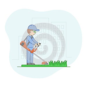 Gardening And Leisure Concept. Male Character Gardening, Mowing Lawn With Lawn Mover. Man Is Working Outdoors At Home On