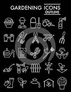 Gardening line icon set, farm symbols collection, vector sketches, logo illustrations, horticulture signs linear