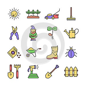 Gardening line icon set. Vector collection with seedling, garden gnome, seeds, bug, garden hose, sun, fence, sprout. Color sign