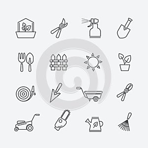 Gardening line icons. Gardener tools and garden elements outline signs. Fence secateurs, lawn mower sprayer vector photo