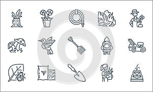 Gardening line icons. linear set. quality vector line set such as fountain, shovel, ladybug, gardener, fertilizer, mushroom, gnome
