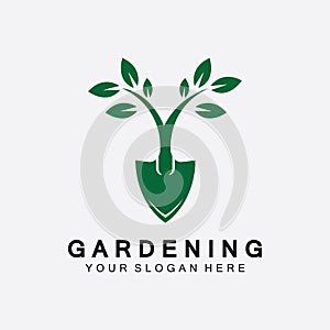 Gardening logo with shovel icon and tree with green leaves logo template