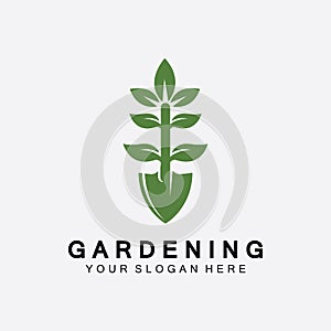 Gardening logo with shovel icon and tree with green leaves logo template