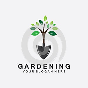 Gardening logo with shovel icon and tree with green leaves logo template