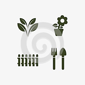 Gardening logo with shovel icon and tree with green leaves logo template