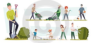Gardening. Mowing lawn garden plants rural concept characters loving outdoor plants nature care exact vector gardenning photo
