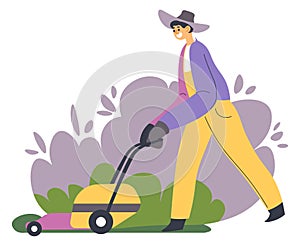 Gardening person with lawn mower tending yard