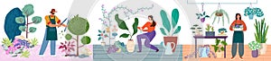 Gardening persons caring for plants vector illustration set. Man pruning bushes, women water and care for indoor plants