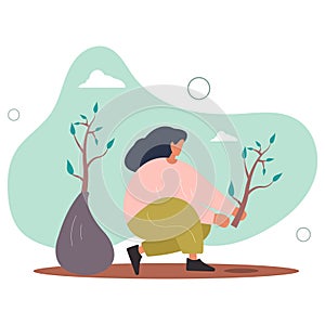 Gardening and planting.Character taking care of plants.woman is planting young tree.flat vector illustration