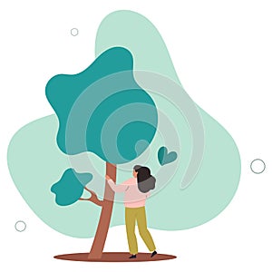 Gardening and planting.Character taking care of plants. woman touches tree to hug.flat vector illustration
