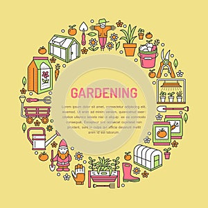 Gardening, planting and horticulture banner with vector line icon. Garden equipment, organic seeds, green house, pruners