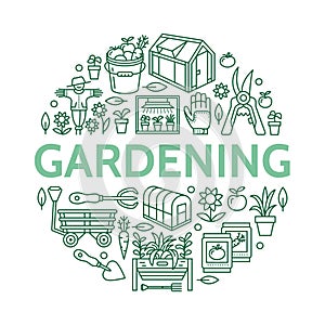 Gardening, planting horticulture banner with vector line icon. Garden equipment, organic seeds, green house, pruners