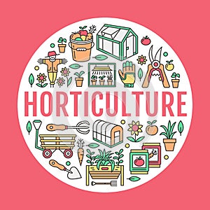 Gardening, planting horticulture banner with vector line icon. Garden equipment, organic seeds, green house, pruners