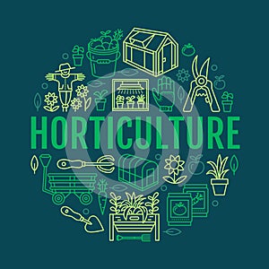 Gardening, planting horticulture banner with vector line icon. Garden equipment, organic seeds, green house, pruners photo