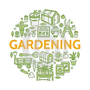 Gardening, planting horticulture colored banner with vector line icon. Garden equipment, organic seeds, green house photo