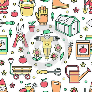 Gardening, planting and horticulture colored seamless pattern with vector line icons. Garden equipment, organic seeds