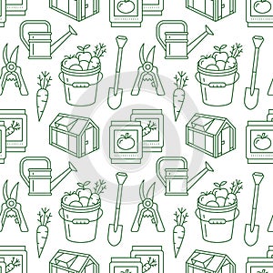 Gardening, planting and horticulture green seamless pattern with vector line icons. Garden equipment, organic seeds