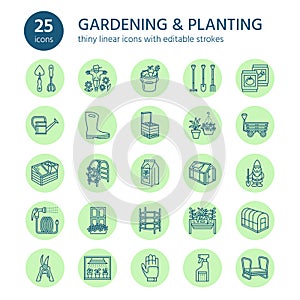 Gardening, planting and horticulture line icons. Garden equipment, organic seeds, fertilizer, greenhouse, pruners