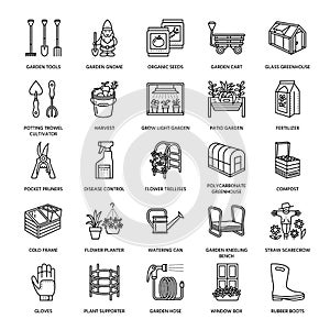 Gardening, planting and horticulture line icons. Garden equipment, organic seeds, fertilizer, greenhouse, pruners