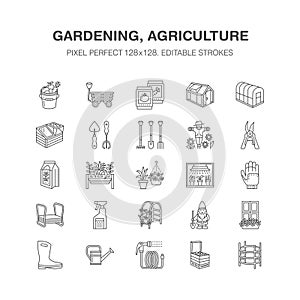 Gardening, planting horticulture line icons. Garden equipment, organic seeds, fertilizer, greenhouse, pruners, watering