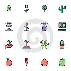 Gardening plants outline icons set