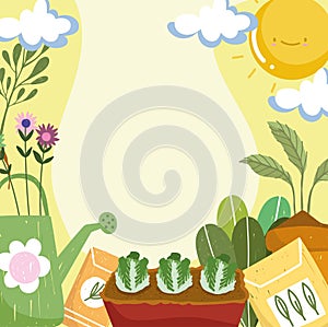 gardening plants and watering can